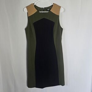 Premise Color Block Dress Women's Size 12 Sleeveless Career Olive Black Tan‎